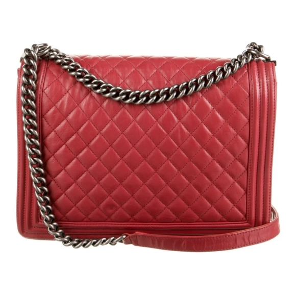 CHANEL XL Red Leather Boy Chain Link Shoulder Crossbody Bag Purse Diamond - Picture 2 of 16